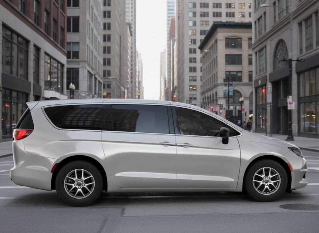 Vue de profil d’une Chrysler Pacifica blanche stationnée en ville, mettant en valeur la silhouette allongée de la minifourgonnette, les vitres teintées et le design moderne pensé pour les familles.