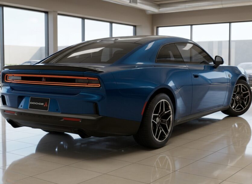 Vue arrière trois quarts d’une Dodge Charger bleue dans une salle de montre moderne, mettant en valeur la bande lumineuse arrière pleine largeur, les jantes sport et le design musclé emblématique des muscle cars Dodge.